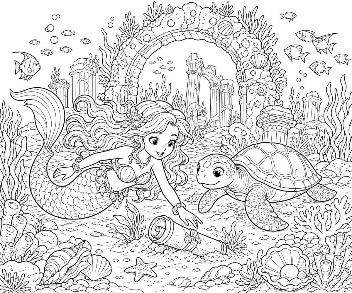 Detailed underwater exploration coloring page for ages 9 to 12