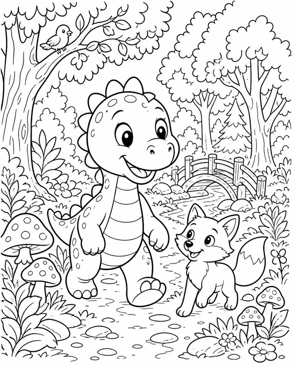 Dinosaur woodland coloring page for growing learners