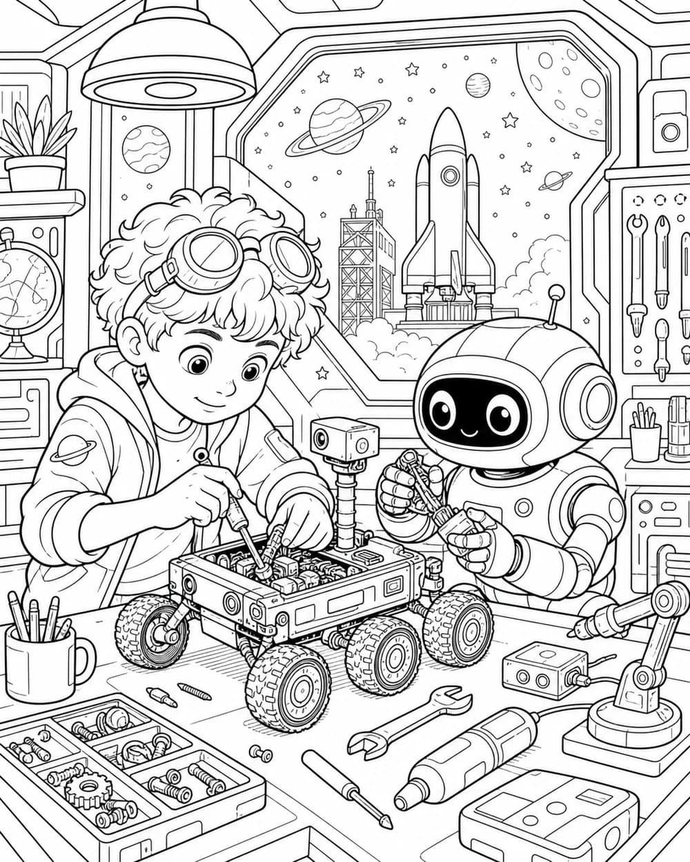 Detailed space workshop coloring page for older kids