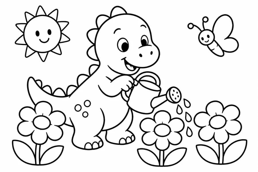 Friendly Dinosaur Garden coloring page example for ages 3–6