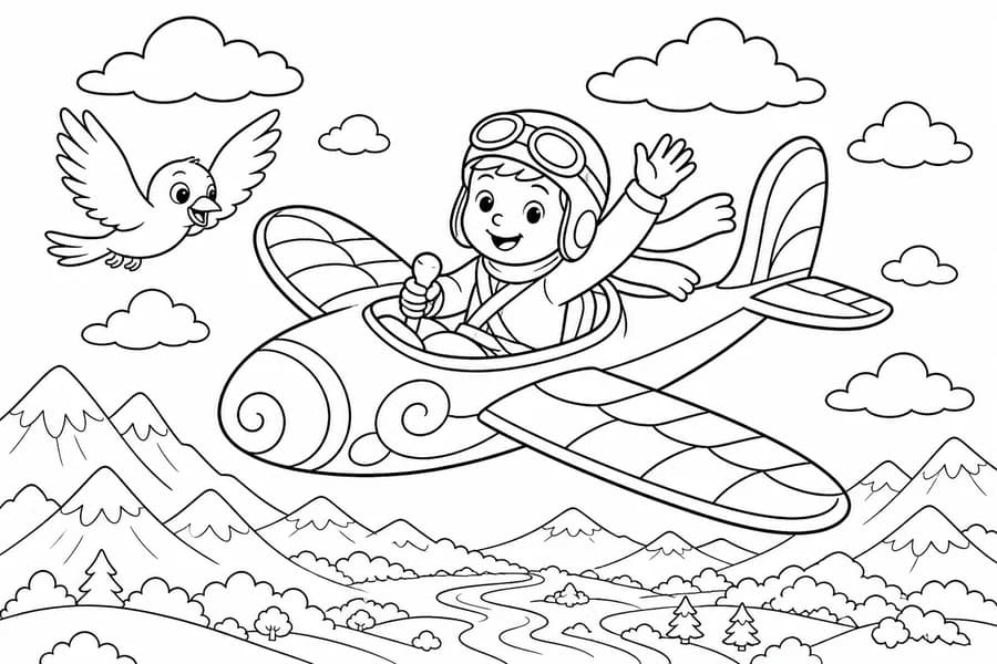 Amazing Flying Scene coloring page example for ages 6–9