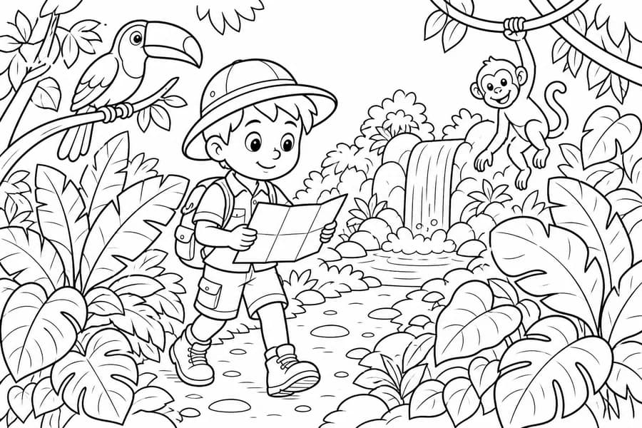 Jungle Animal Quest coloring page example for ages 6–9