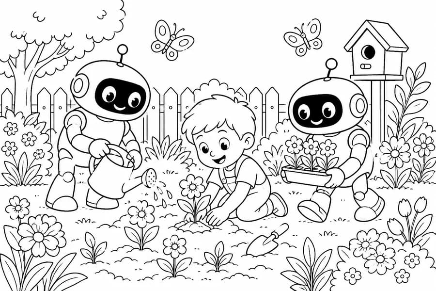Robot Garden Helpers coloring page example for ages 6–9