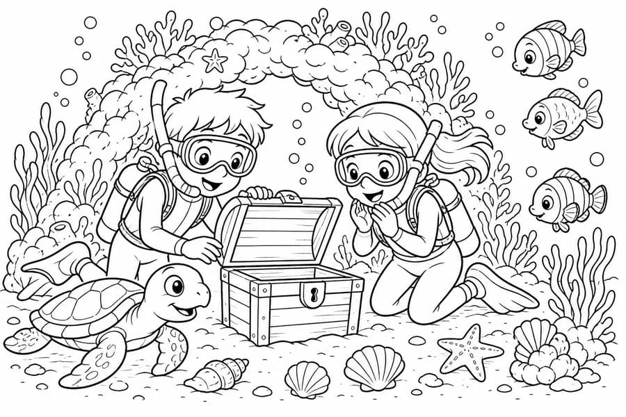 Underwater Treasure coloring page example for ages 6–9
