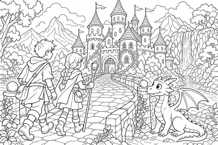 Fairy Tale Castle Quest coloring page example for ages 9–12