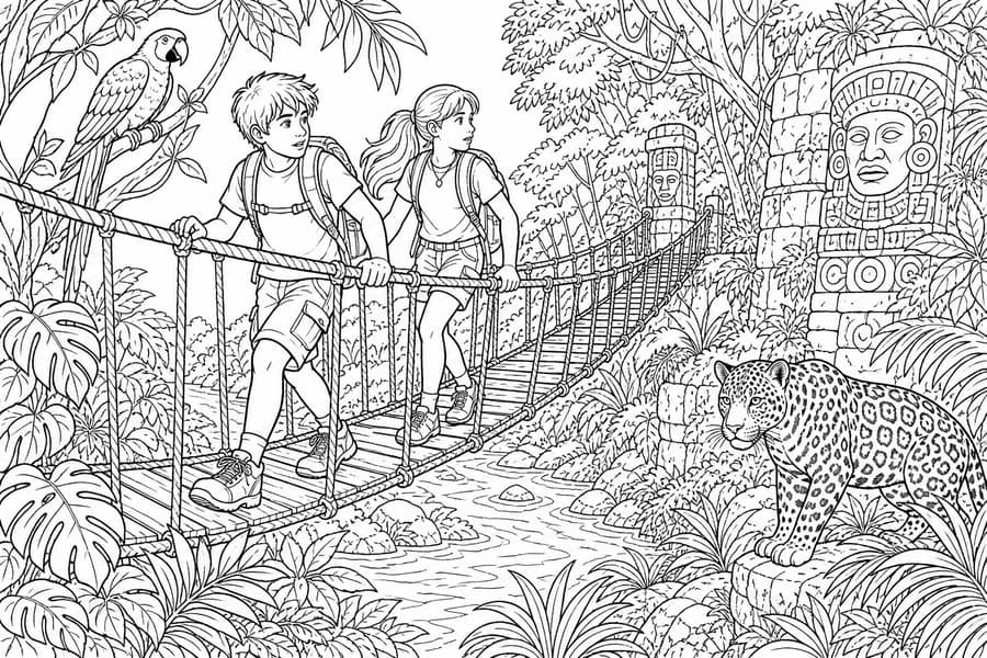 Detailed Jungle Adventure coloring page example for ages 9–12