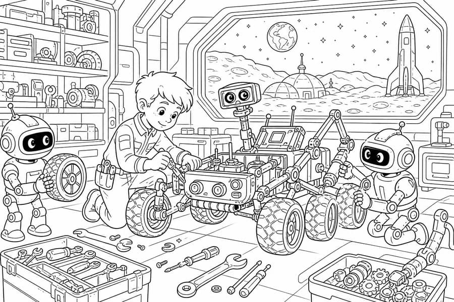 Robot Space Workshop coloring page example for ages 9–12