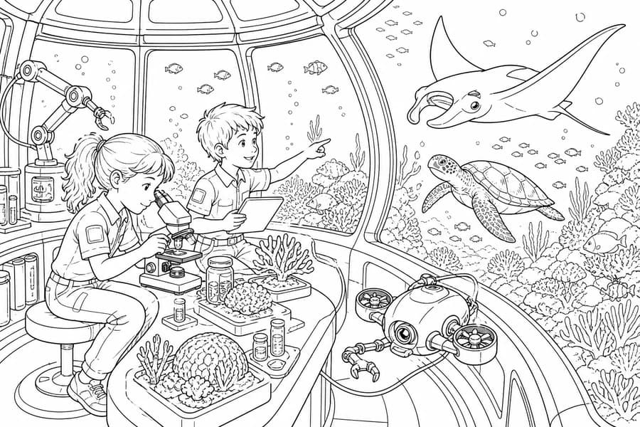 Undersea Science Expedition coloring page example for ages 9–12