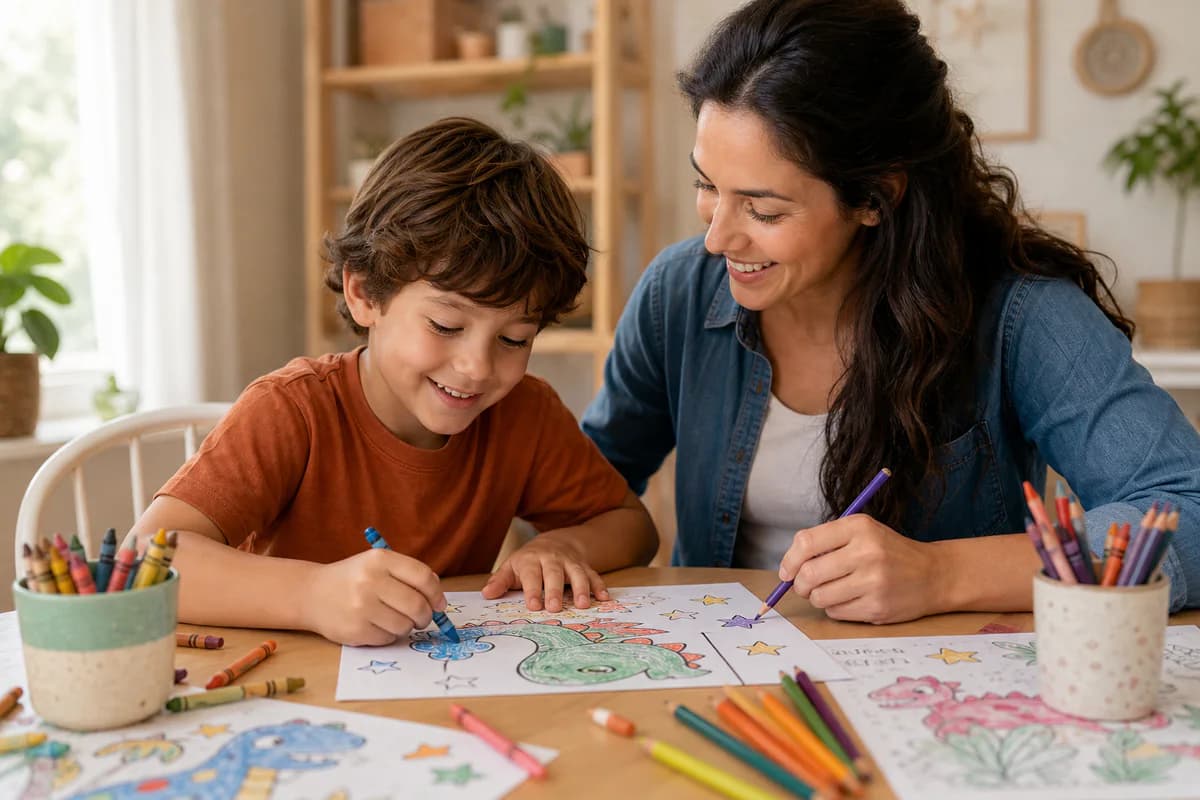 Parent and child enjoying coloring a printed dinosaur page