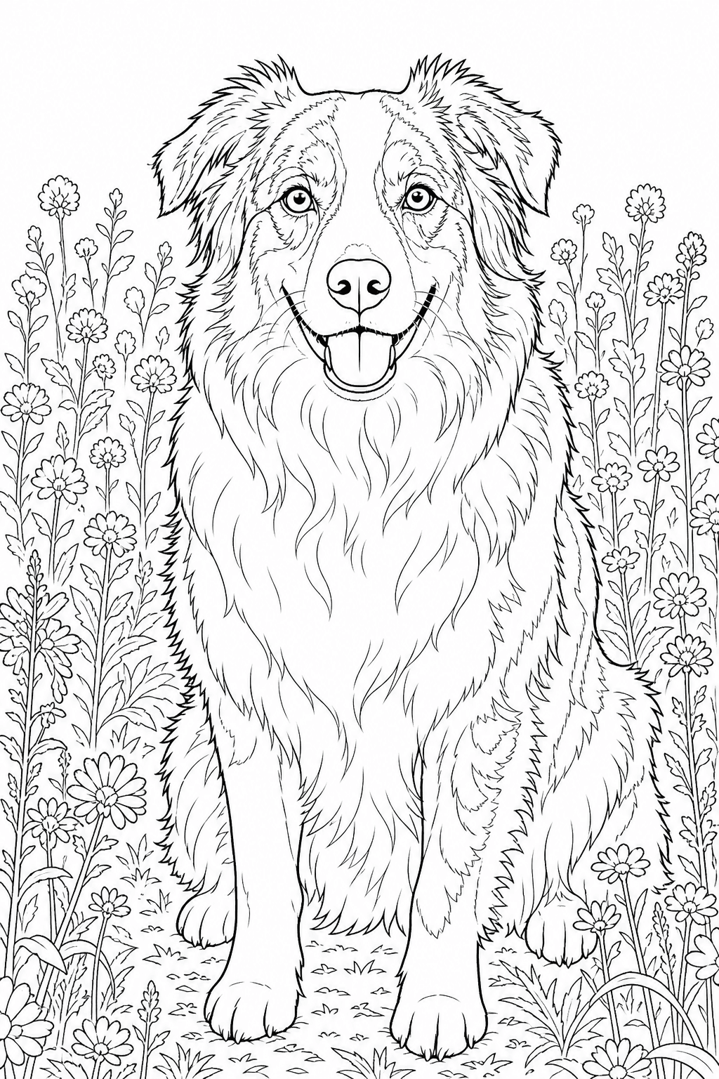 Australian shepherd pet photo converted into a printable coloring page