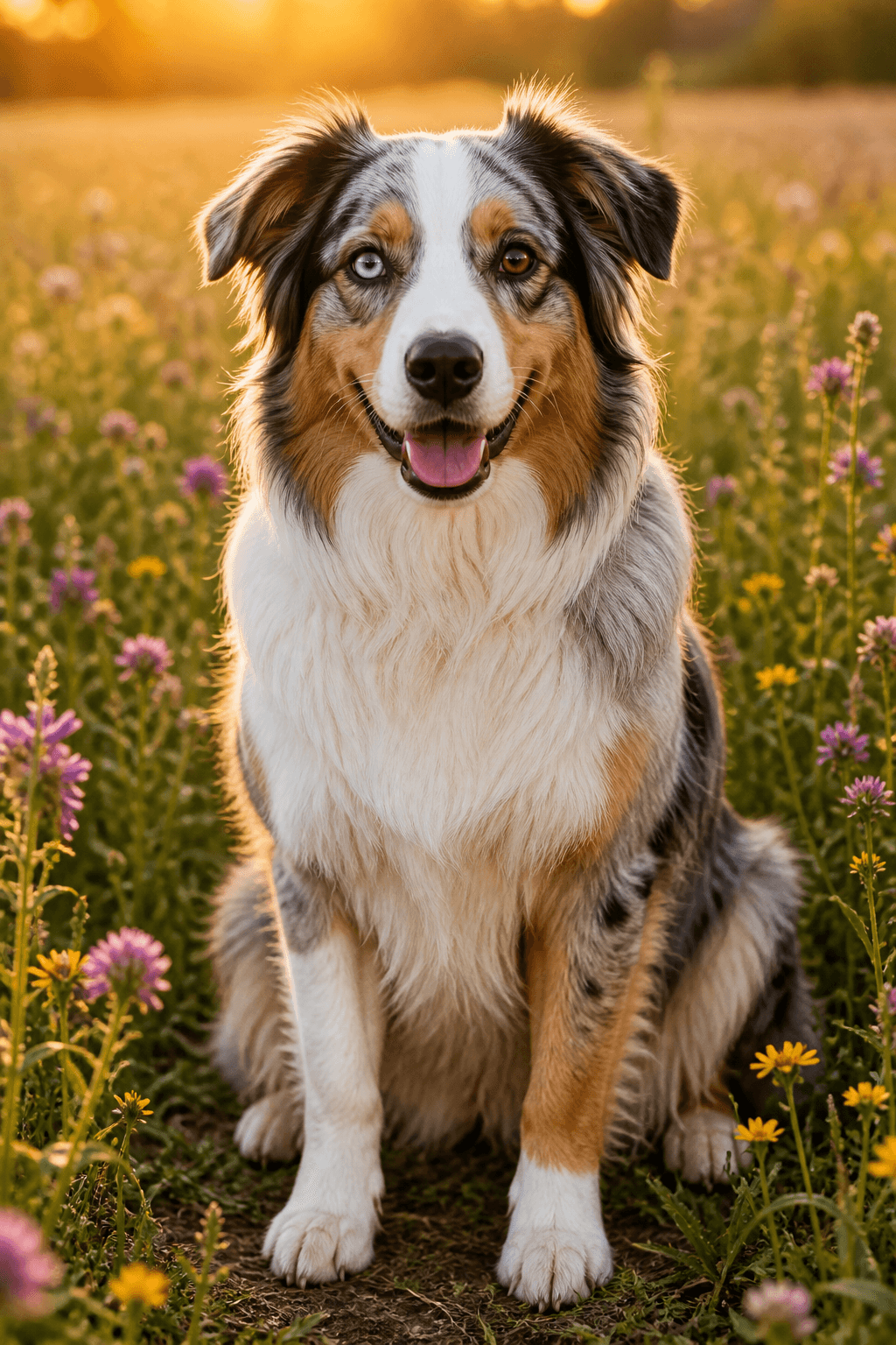 Australian shepherd pet photo with distinctive blue and brown eyes