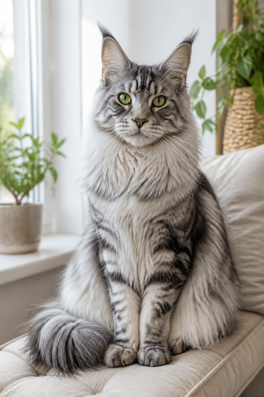 Maine Coon cat sitting beside a bright window