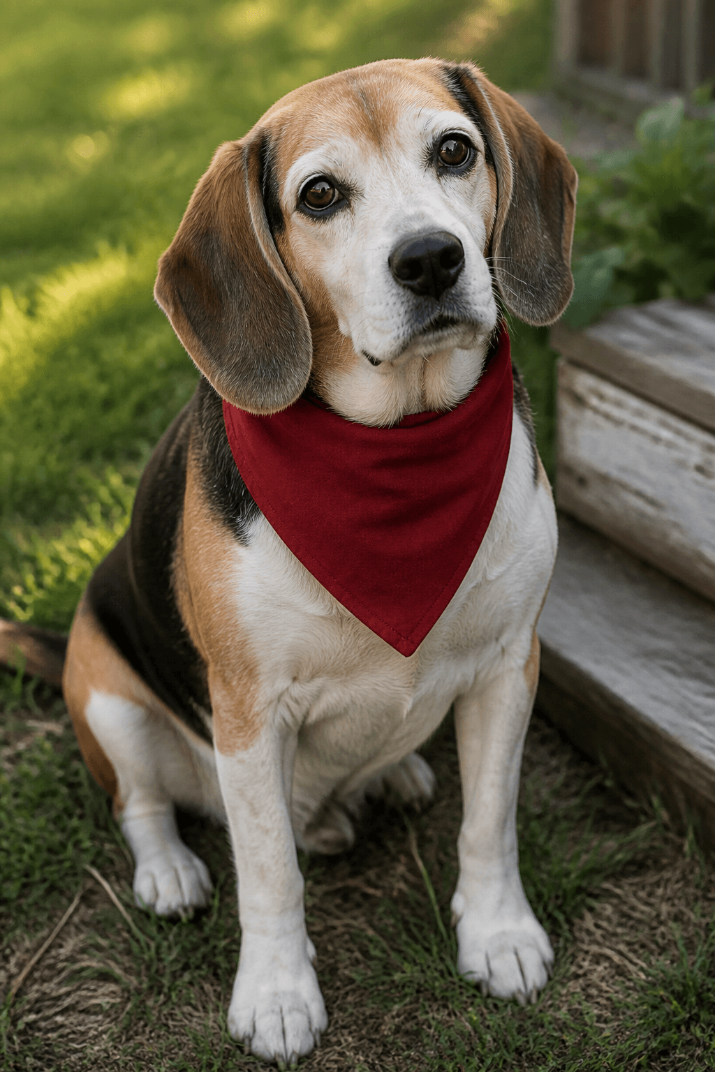 Senior beagle wearing a red bandana in an original pet photo