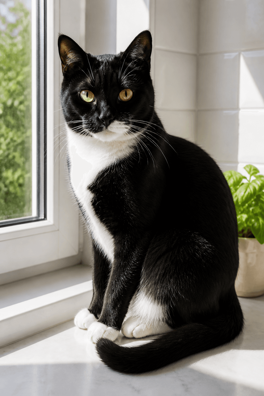 Tuxedo cat sitting on a sunny windowsill in an original pet photo