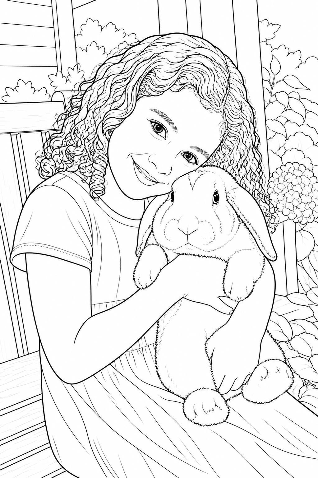 Child and rabbit pet photo converted into printable coloring-page line art