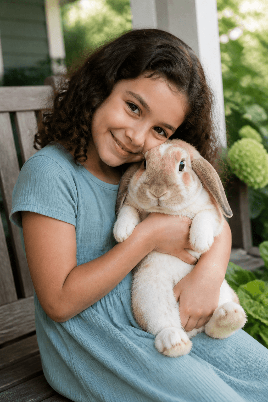 Child cuddling a lop-eared rabbit in an original pet photo