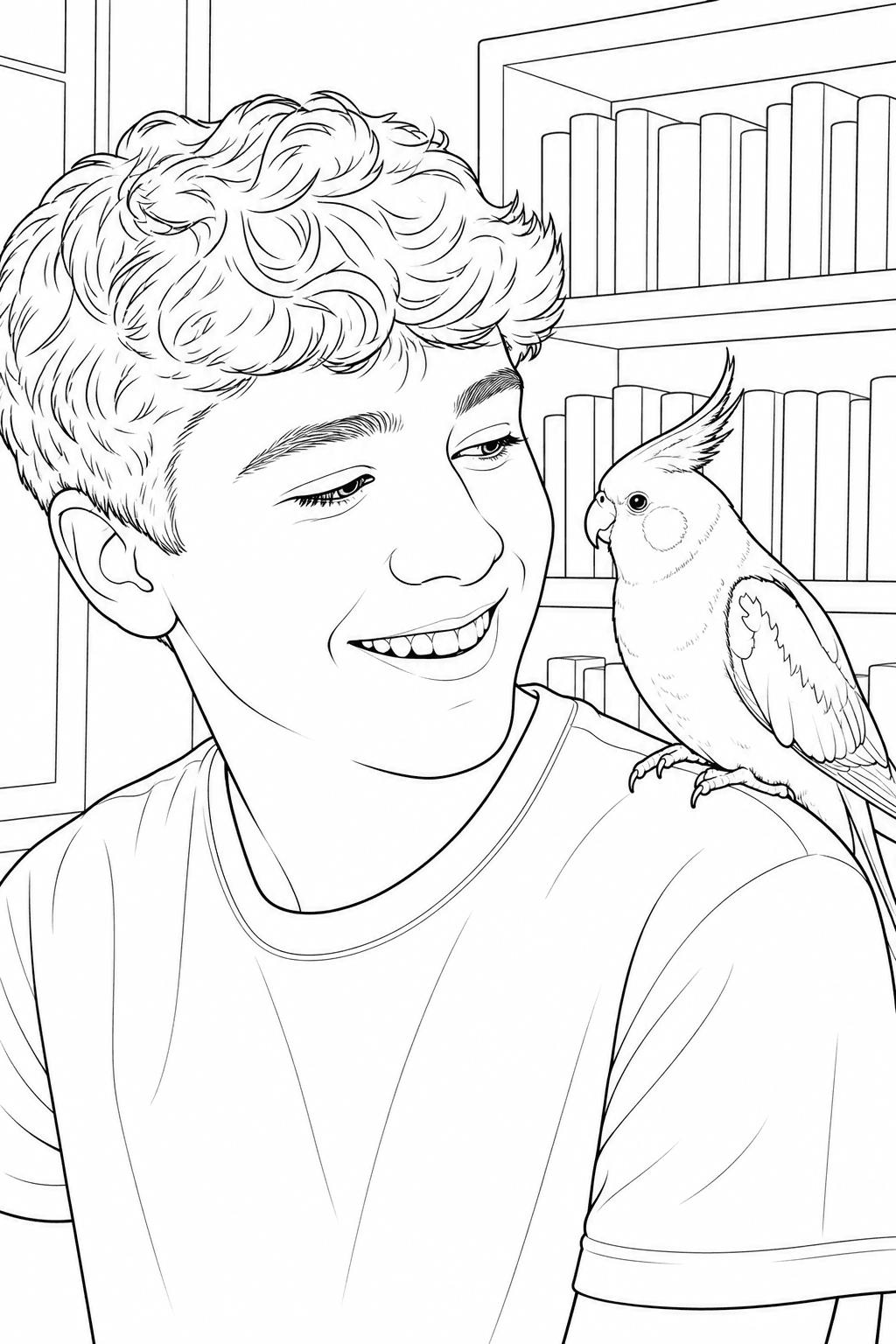 Teenager and cockatiel pet photo converted into printable line art