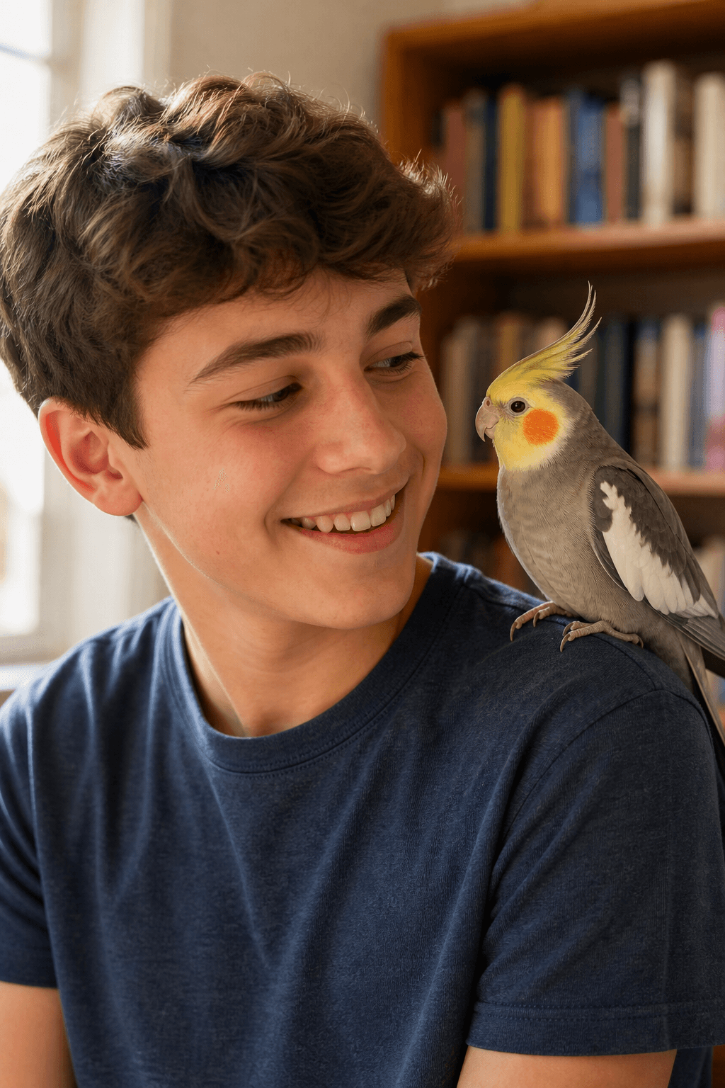 Teenager smiling at a cockatiel perched on his shoulder