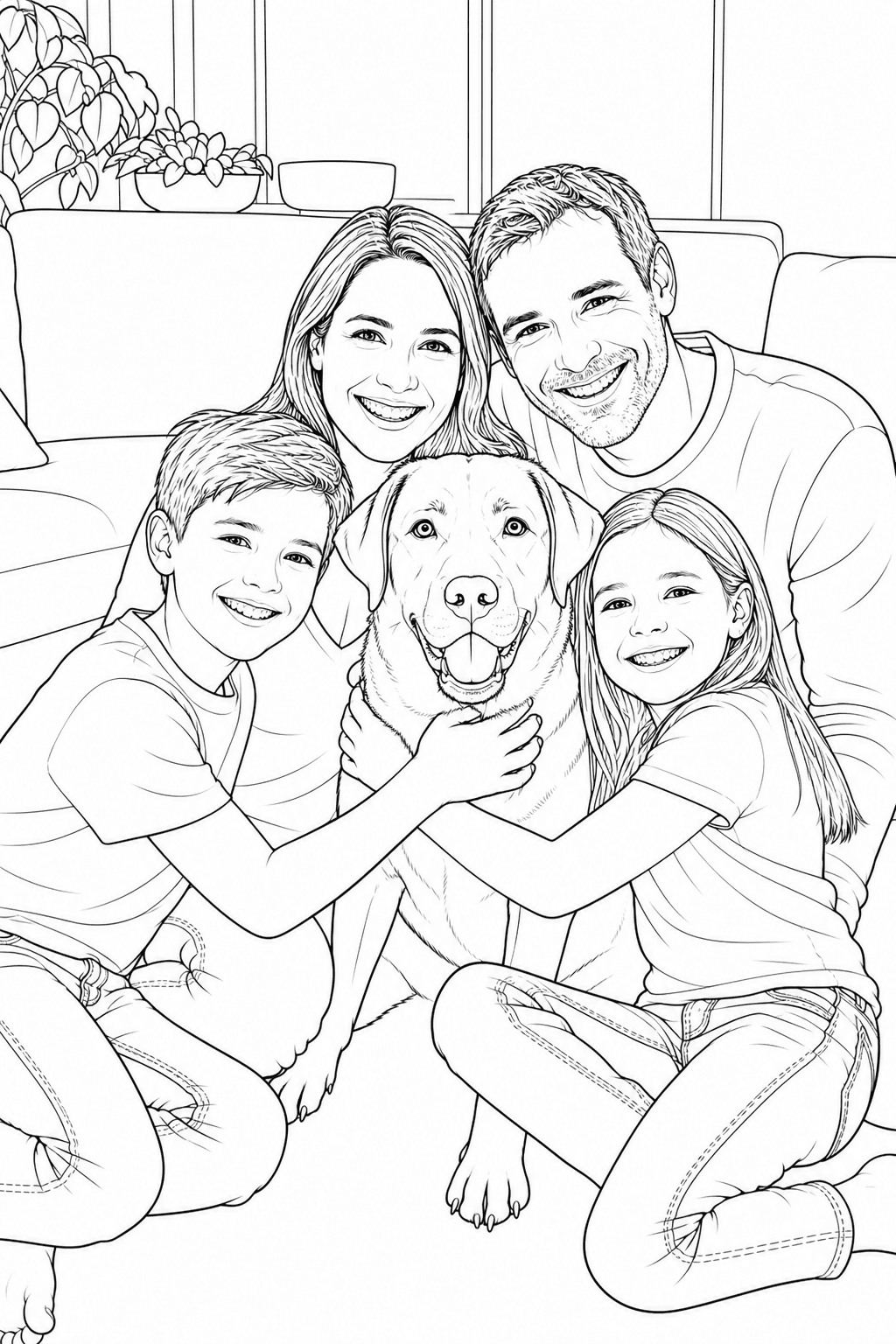 Family and Labrador pet photo converted into a printable coloring page