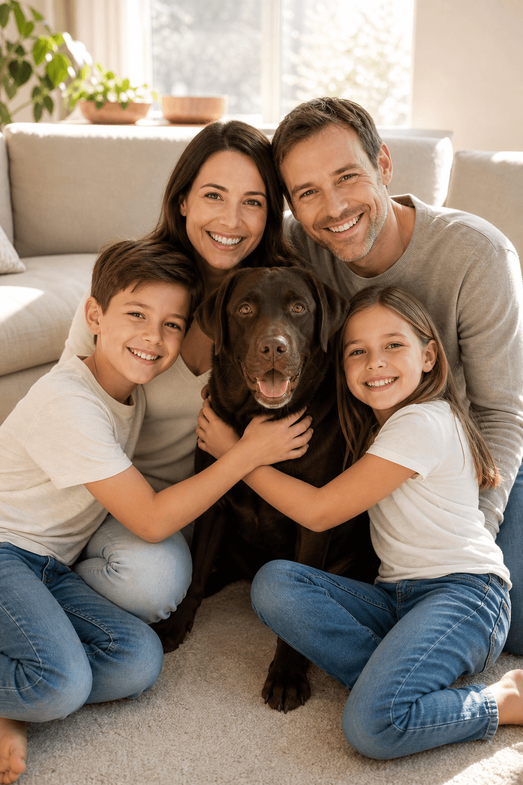 Family gathered around their chocolate Labrador in an original pet photo