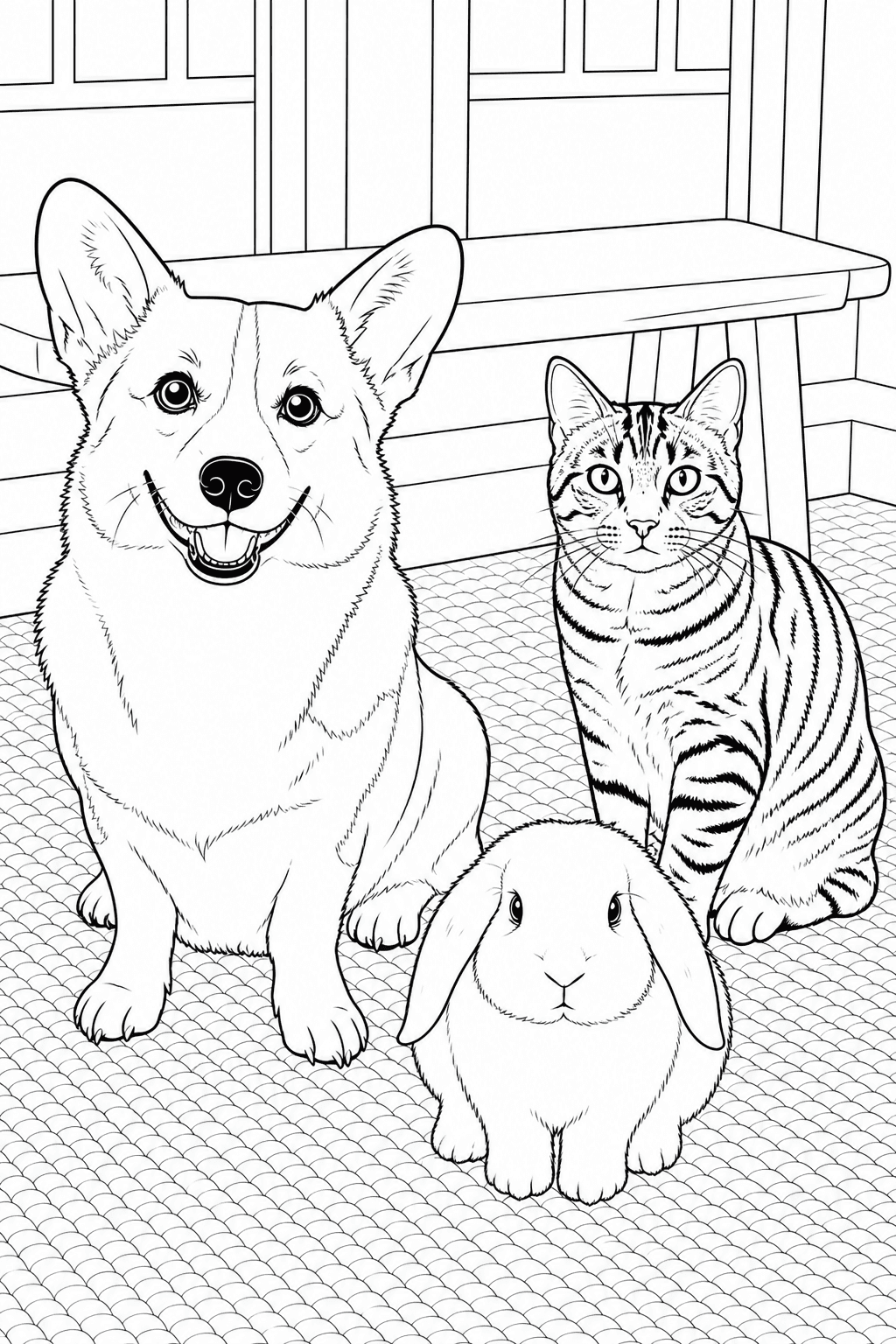 Three household pets converted from one photo into a printable coloring page