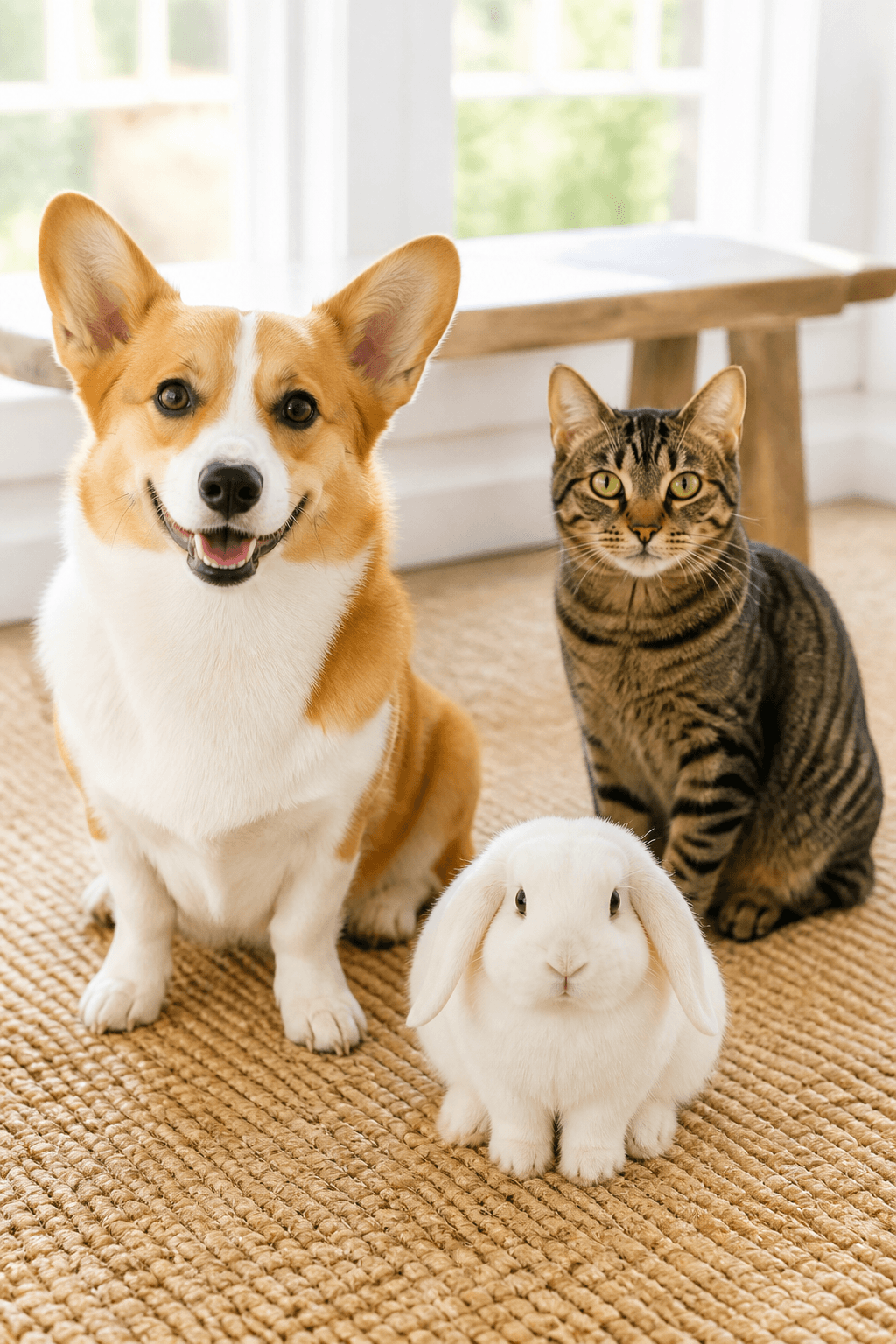 Corgi, tabby cat, and white rabbit posing together in a pet photo