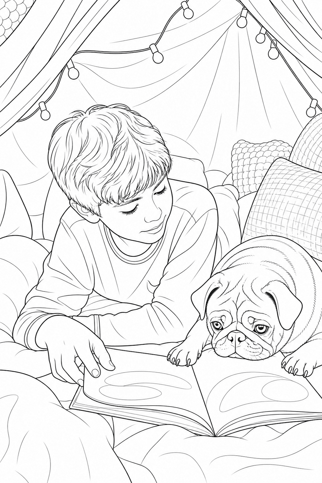 Boy and pug photo converted into a custom kids pet coloring page