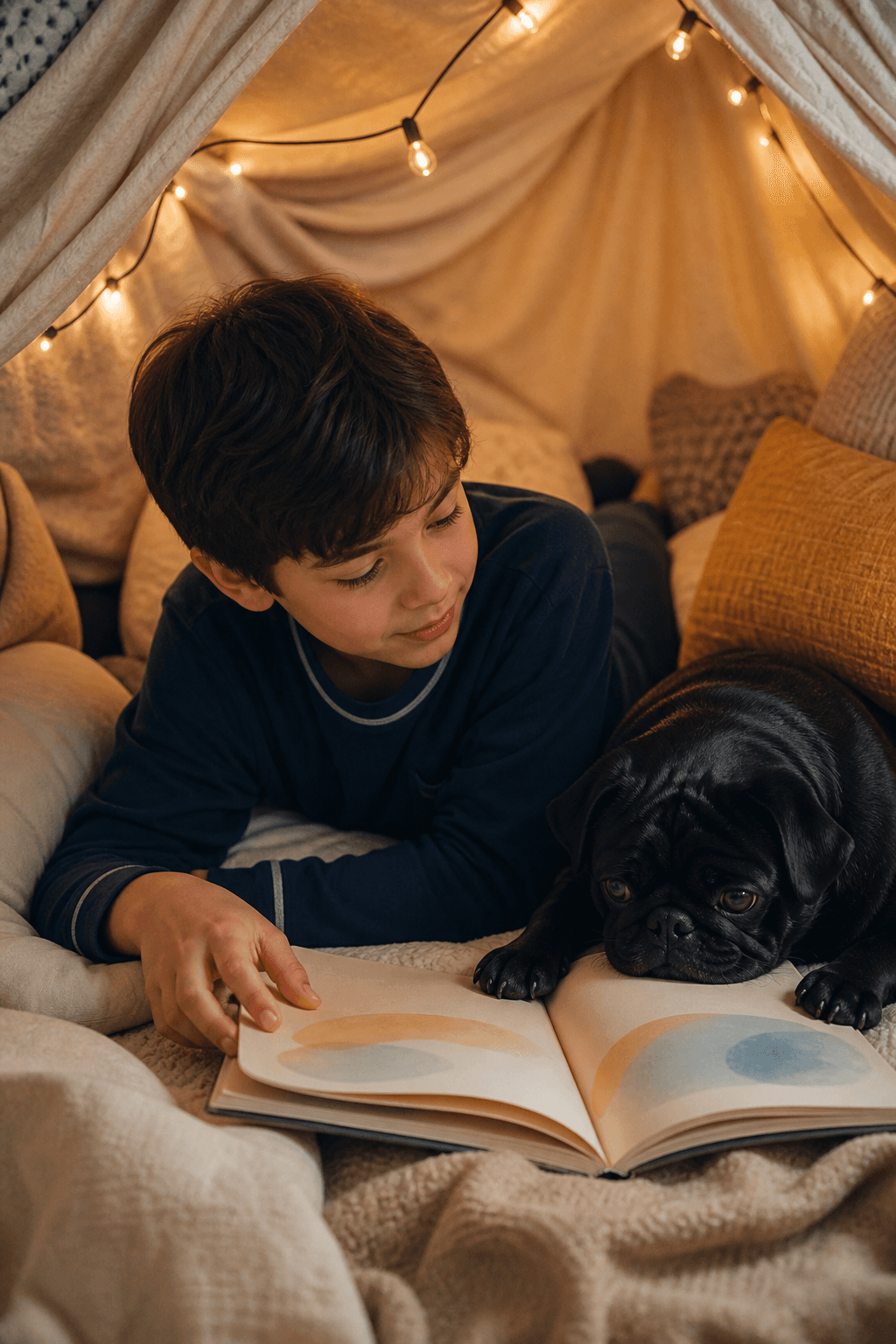 Boy reading beside his black pug inside a blanket fort