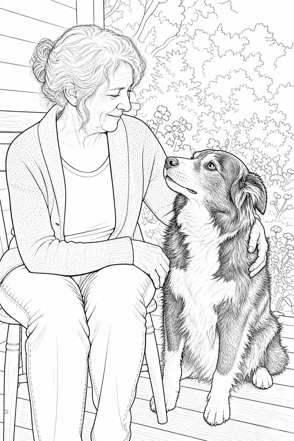 Woman and senior border collie photo converted into keepsake coloring-page line art