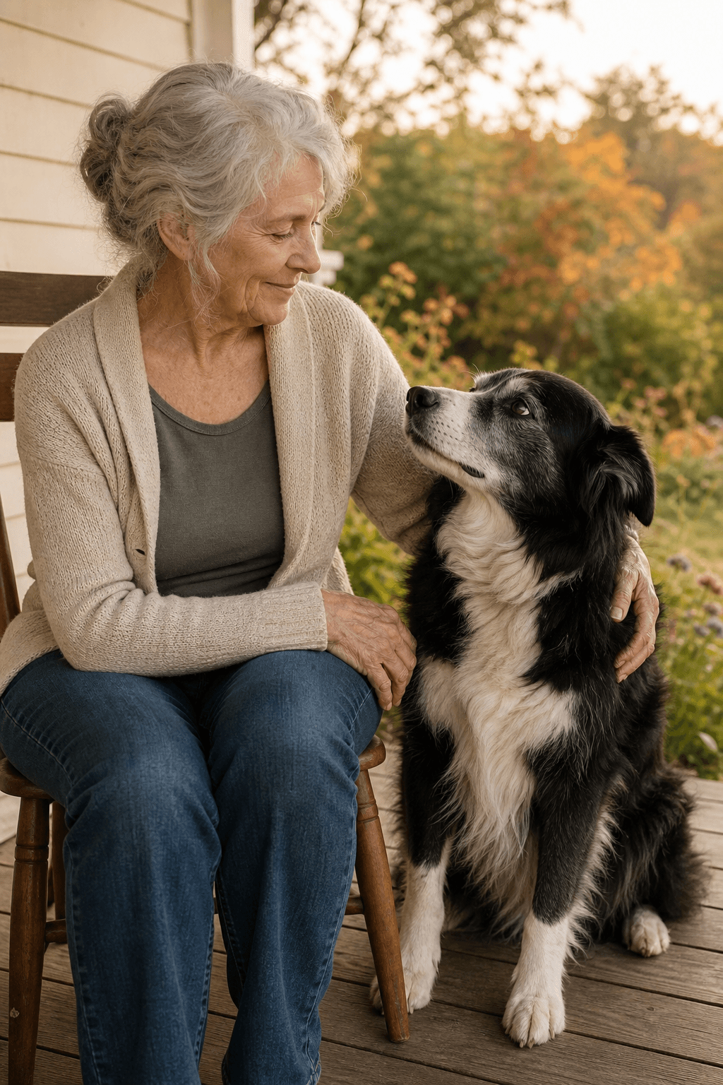Older woman sharing a quiet porch moment with her senior border collie