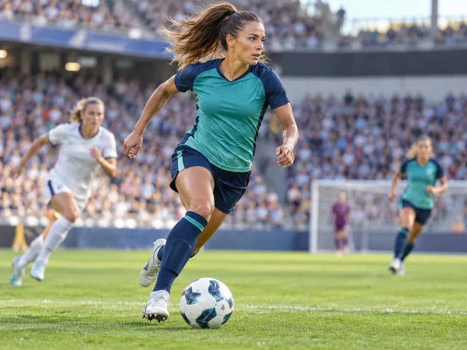 Fictional elite soccer player carrying the ball during a stadium match
