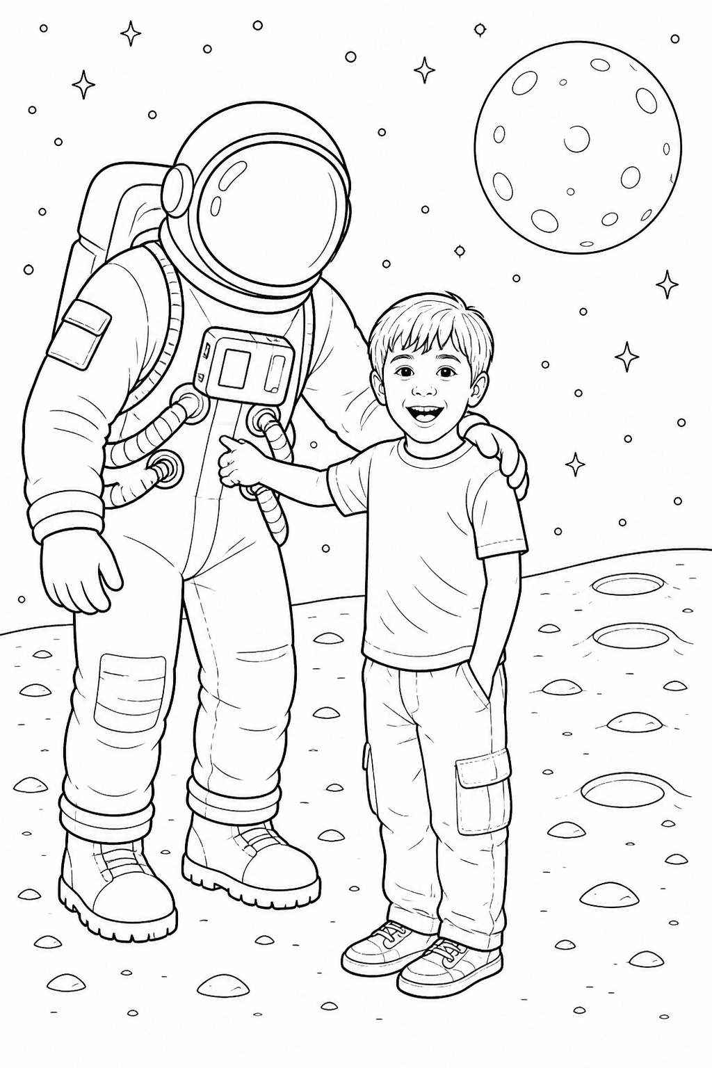 Child meeting a space explorer on the moon in a printable coloring page