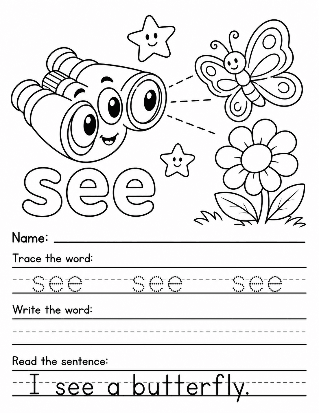 SEE sight word worksheet with trace and write areas