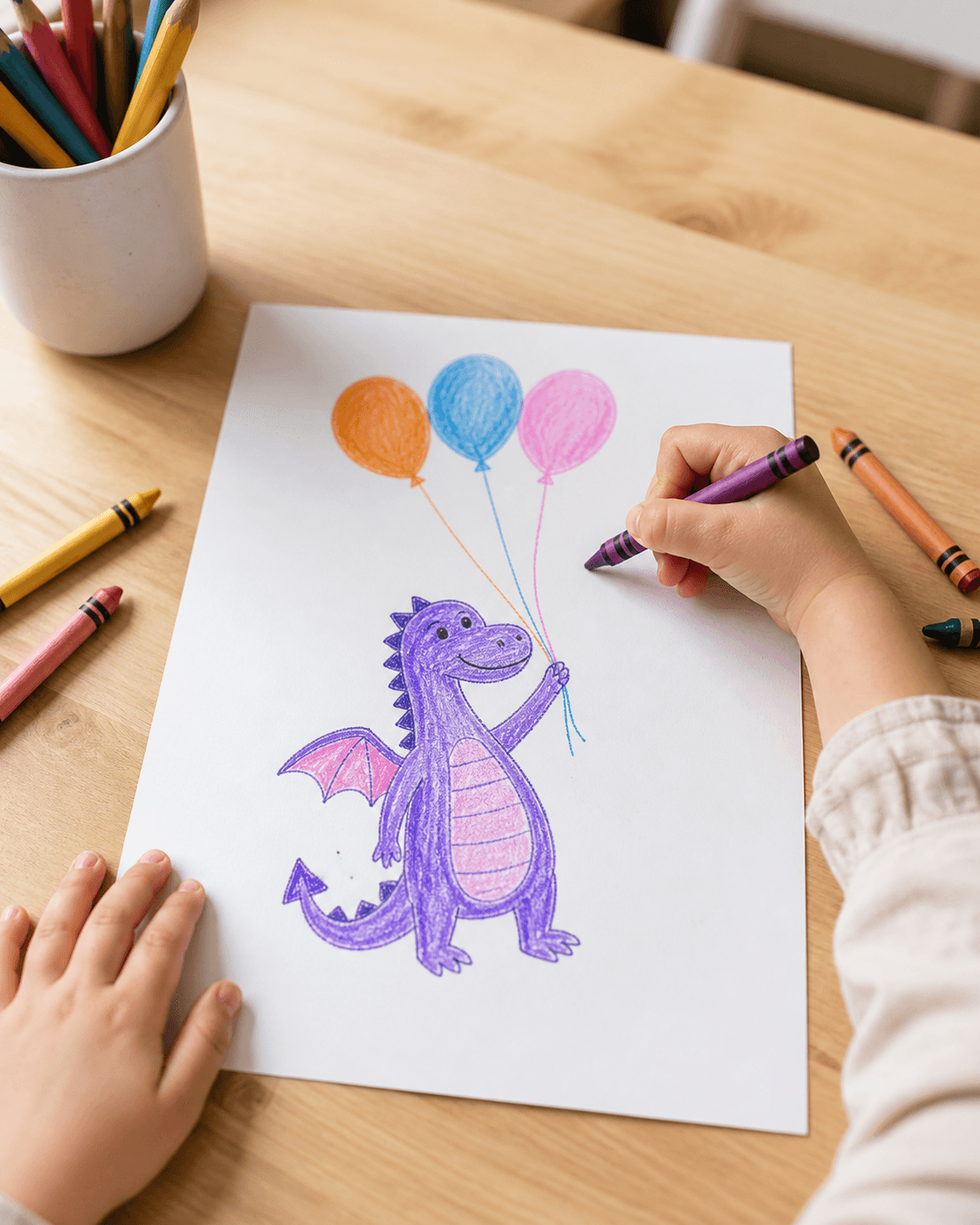 Child's colorful crayon drawing of a friendly dragon