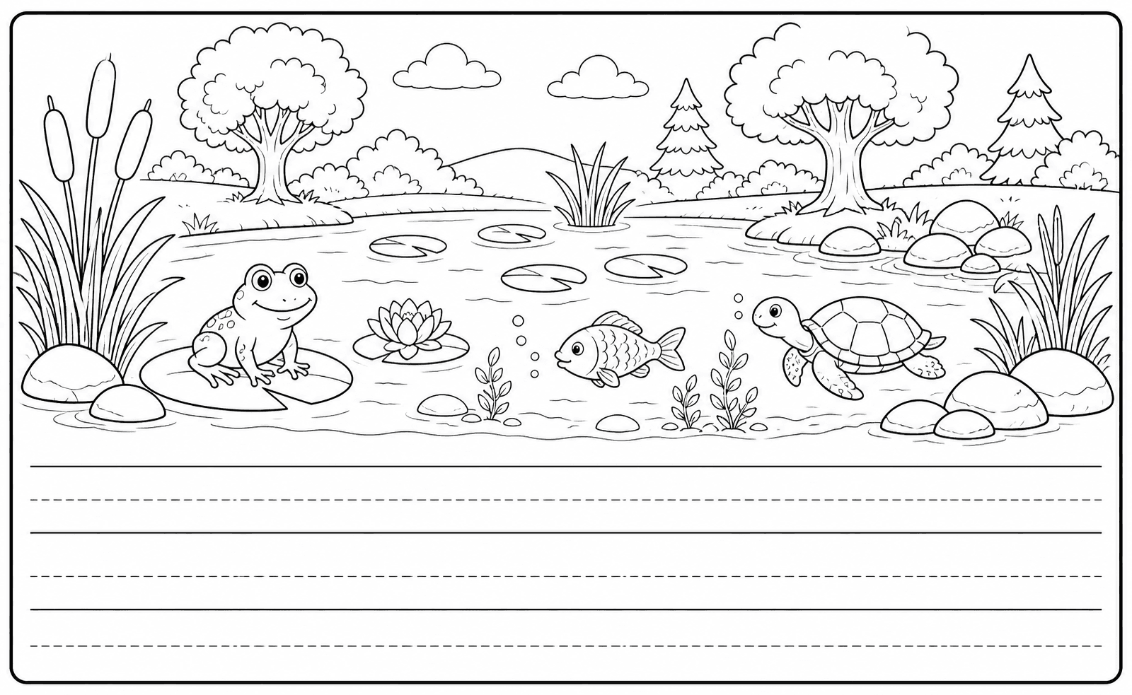 Animal habitat scene with writing lines for students