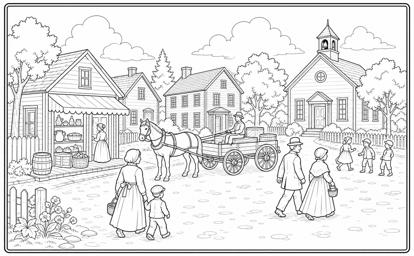 Historical community scene classroom coloring worksheet