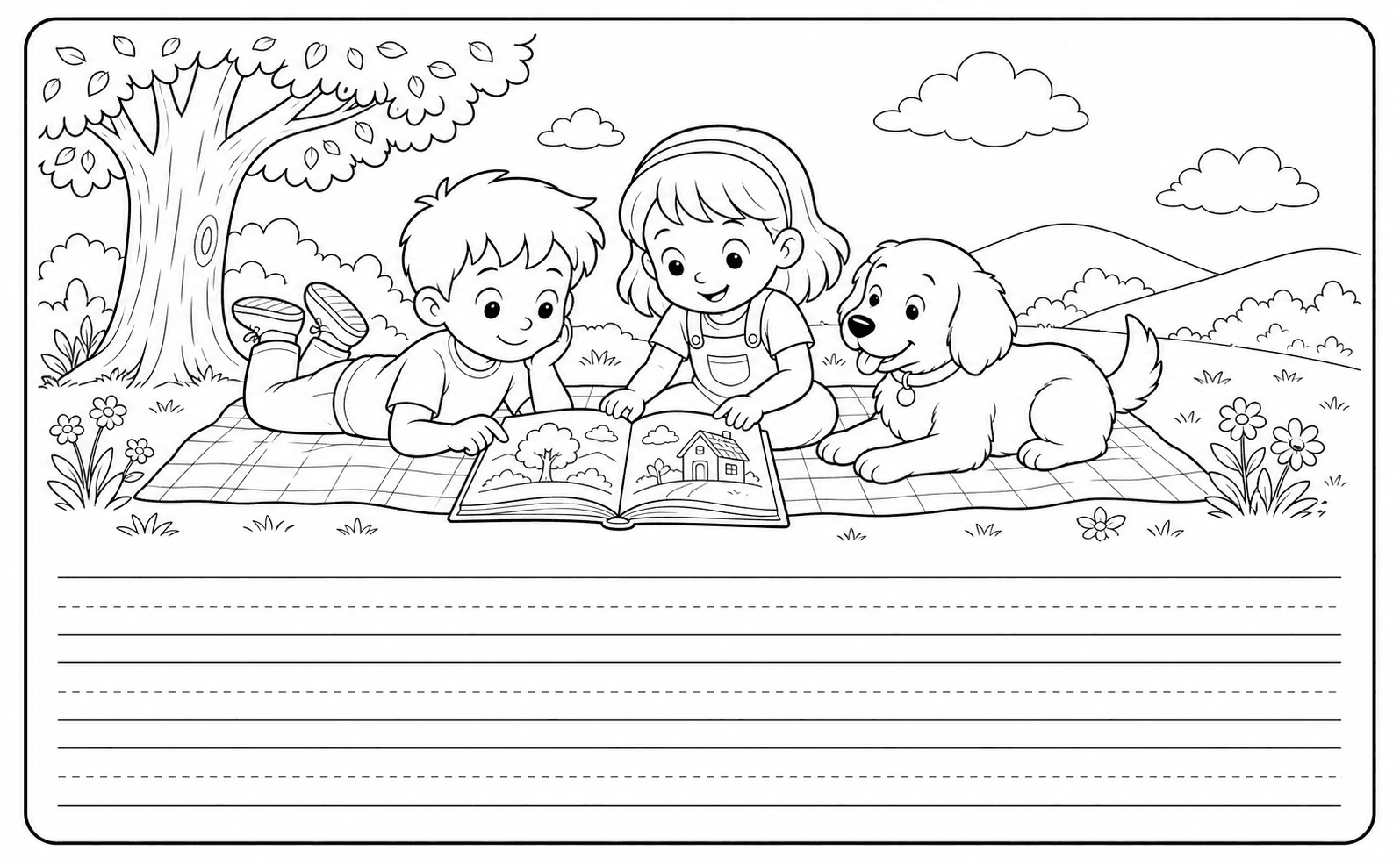 Children reading with a dog in a classroom story response worksheet