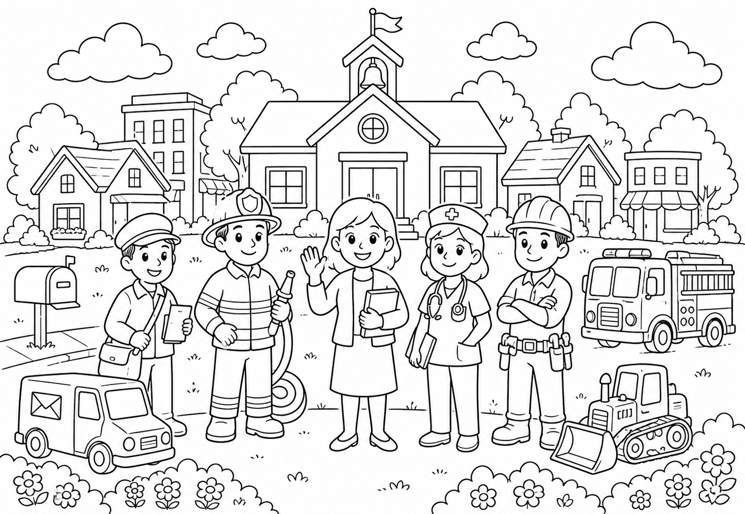 Community Helpers classroom coloring page theme