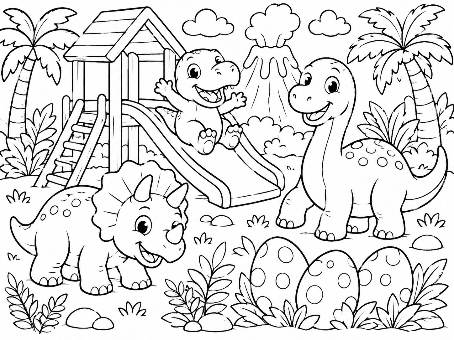 Friendly dinosaur playground coloring page with clear large shapes for children