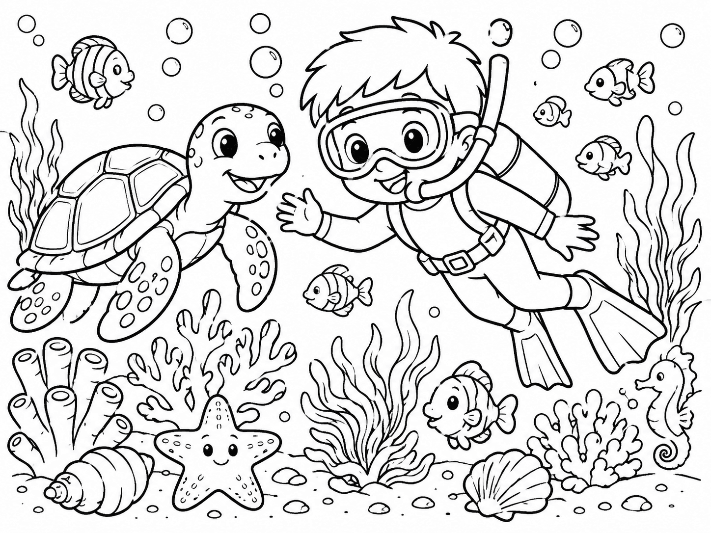 Underwater adventure coloring page with friendly sea animals and open coloring areas