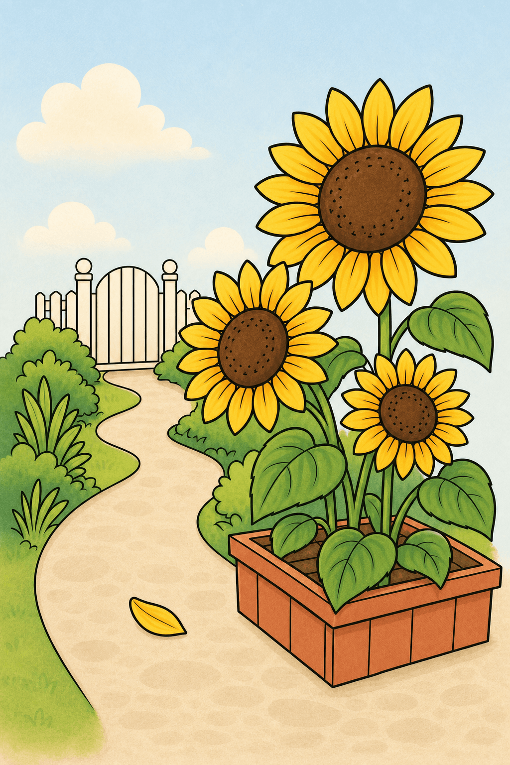 Back to school coloring page color reference with children walking through a flower garden