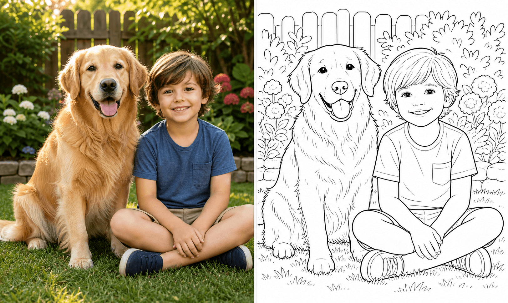 A family dog source image beside simplified printable coloring-page line art
