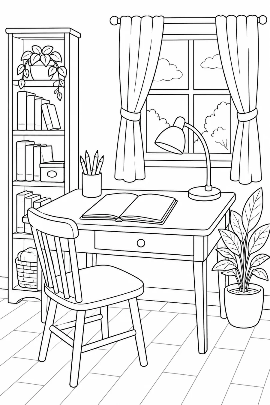 Printable cozy home office with writing desk, blank notebook, bookcase, lamp and window plant