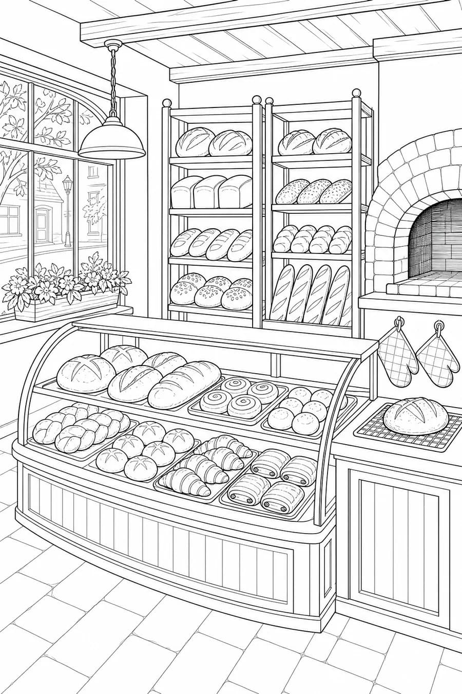 Detailed printable cozy bakery with bread display counter, pastries, bread racks and brick oven