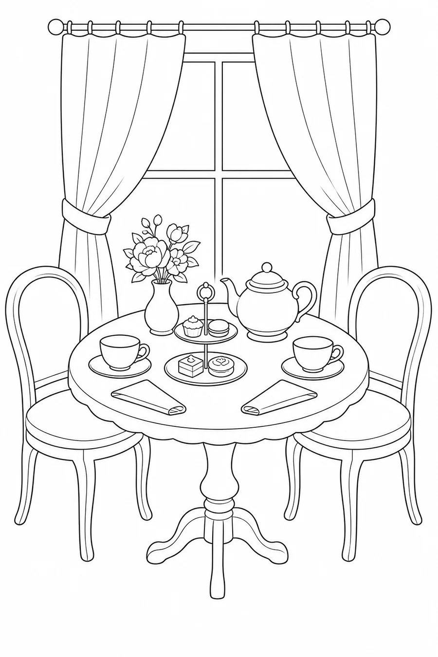 Printable cozy afternoon tea table with teapot, two cups, treats, flowers and chairs
