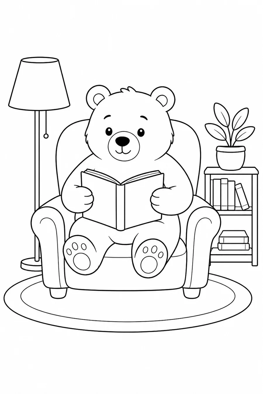 Printable cozy bear reading an open book in an armchair with lamp, shelf and plant