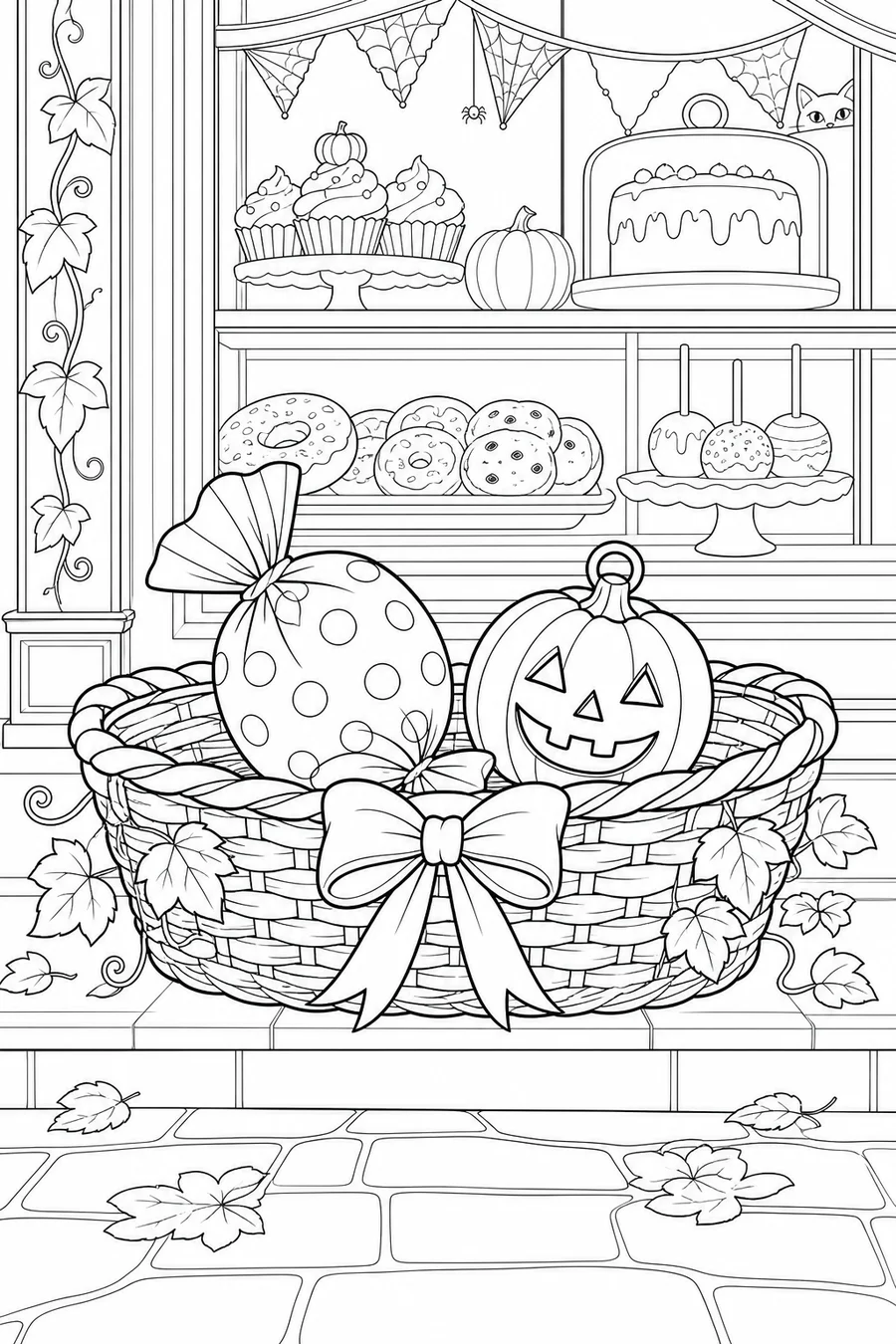 Trick-or-treat basket with a pumpkin, wrapped treat and decorated Halloween bakery display
