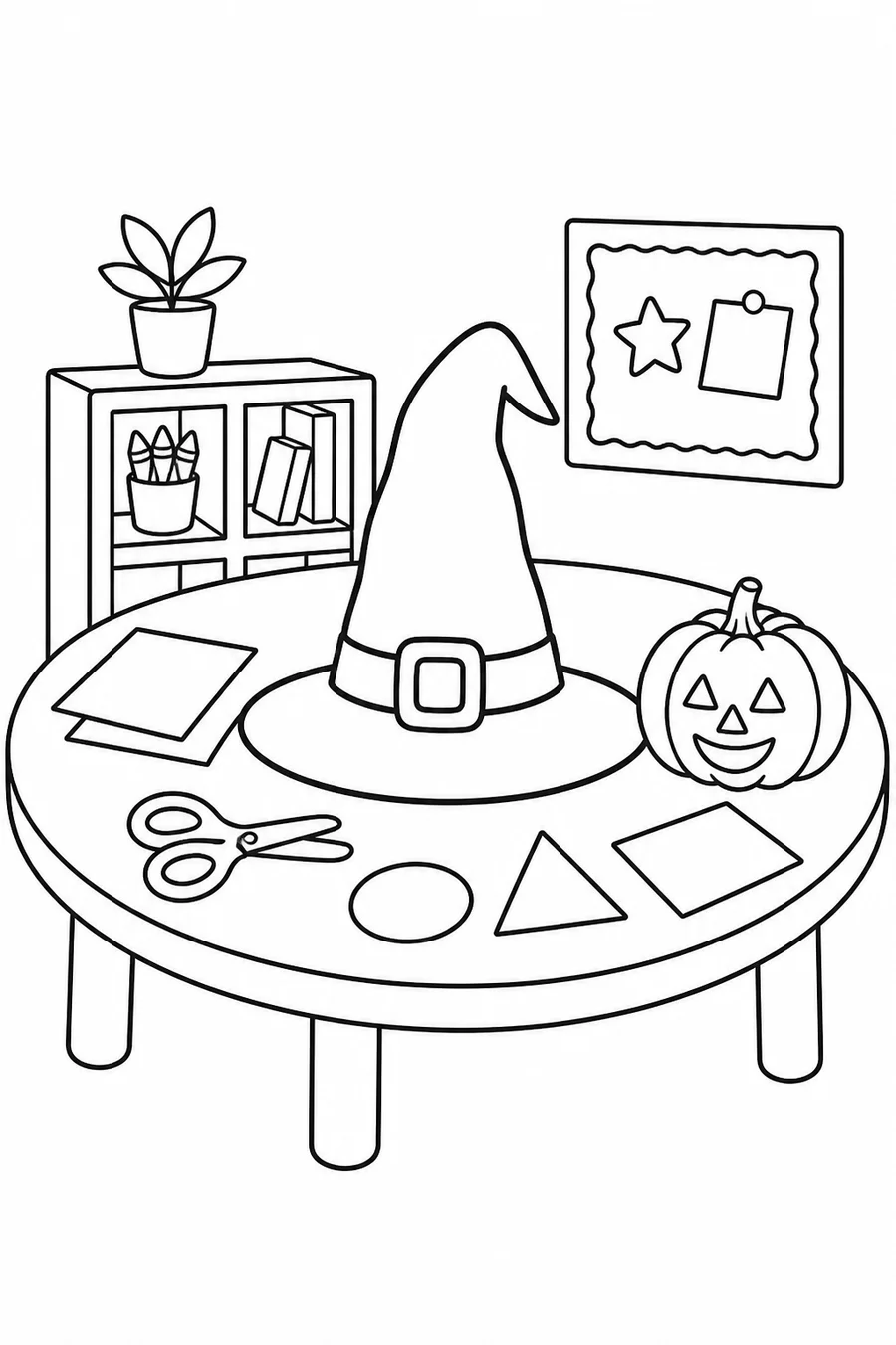 Halloween witch hat and pumpkin on a craft table with scissors, paper and a small shelf