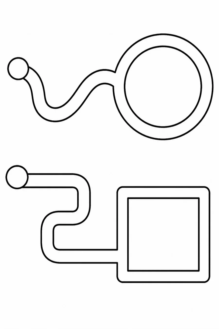 Educational coloring activity with a curved path between circles and a right-angle path ending at a square
