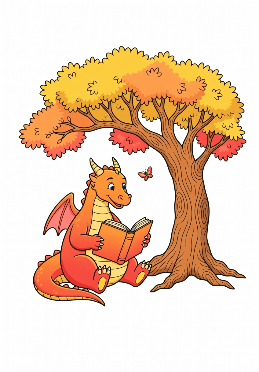 A friendly dragon reading a book beneath an old oak… | Coloring Inspiration | Colored Coloring Page